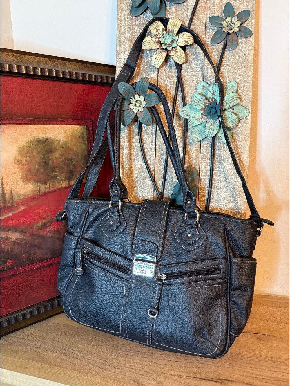 Rosetti Black Faux Leather Shoulder Satchel/Top Handle Purse
